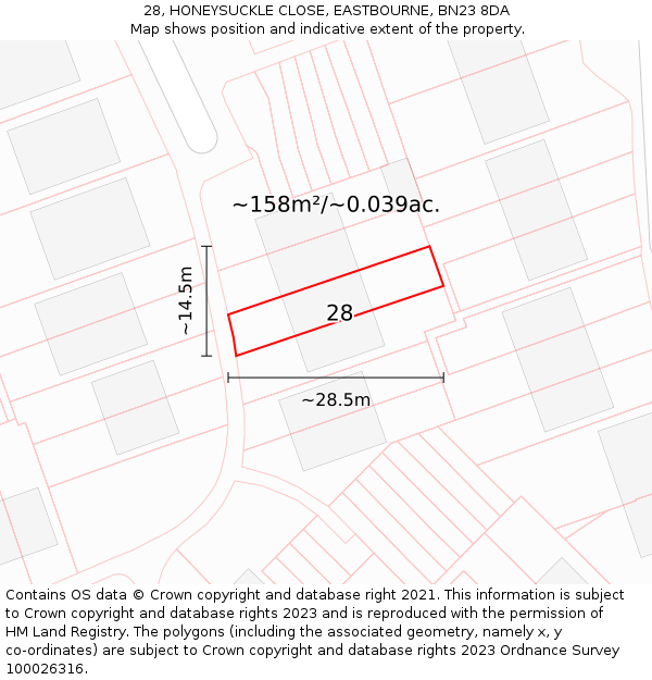 28, HONEYSUCKLE CLOSE, EASTBOURNE, BN23 8DA: Plot and title map