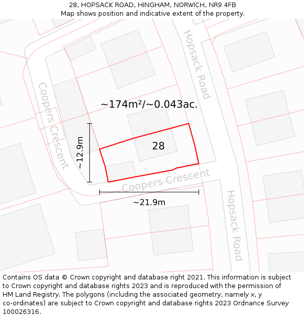 28, HOPSACK ROAD, HINGHAM, NORWICH, NR9 4FB: Plot and title map