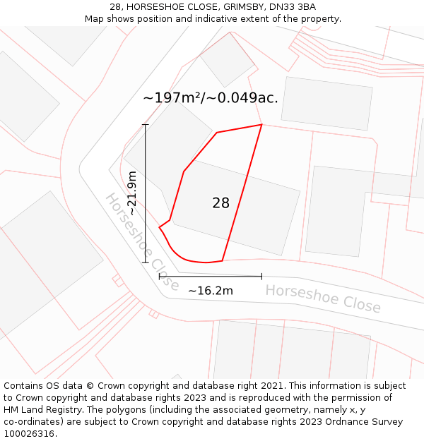 28, HORSESHOE CLOSE, GRIMSBY, DN33 3BA: Plot and title map