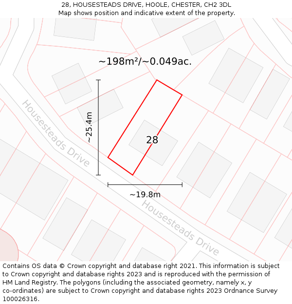 28, HOUSESTEADS DRIVE, HOOLE, CHESTER, CH2 3DL: Plot and title map