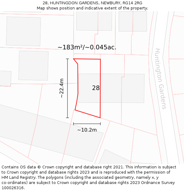 28, HUNTINGDON GARDENS, NEWBURY, RG14 2RG: Plot and title map