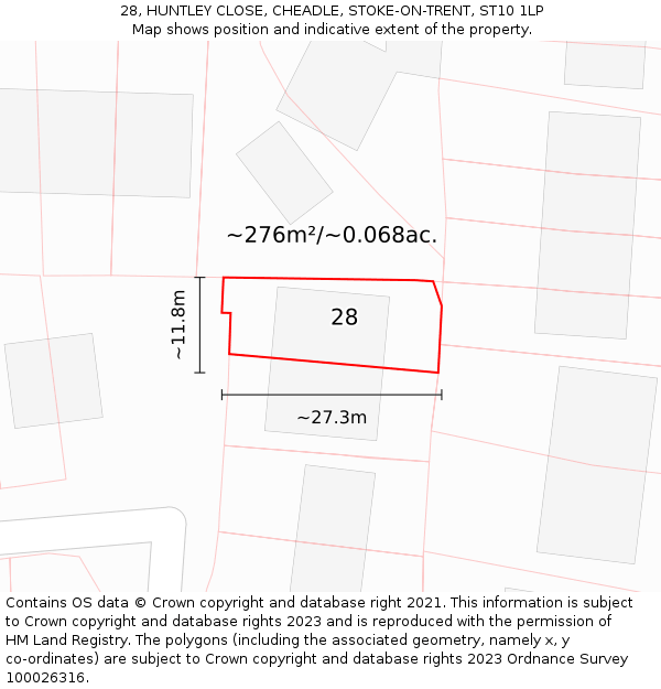28, HUNTLEY CLOSE, CHEADLE, STOKE-ON-TRENT, ST10 1LP: Plot and title map