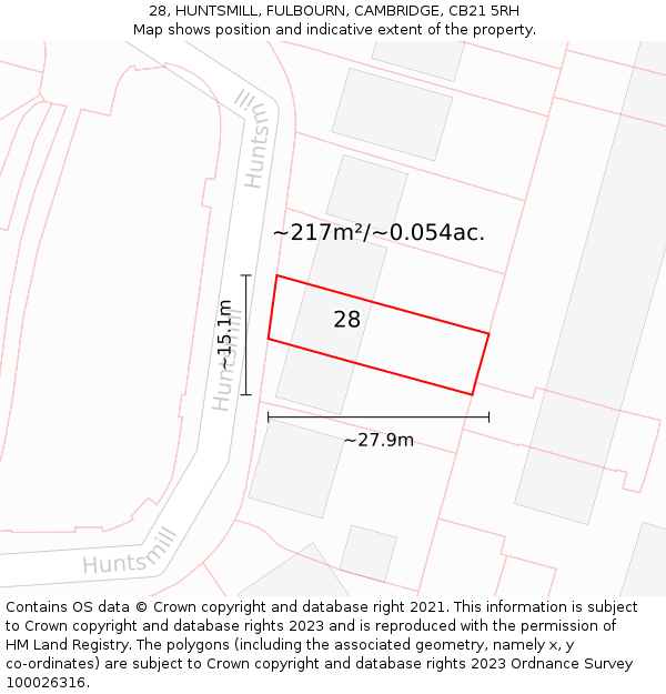 28, HUNTSMILL, FULBOURN, CAMBRIDGE, CB21 5RH: Plot and title map