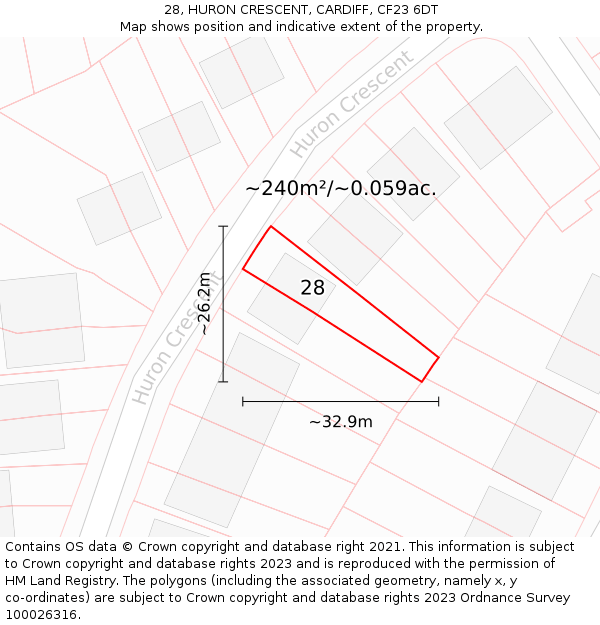 28, HURON CRESCENT, CARDIFF, CF23 6DT: Plot and title map