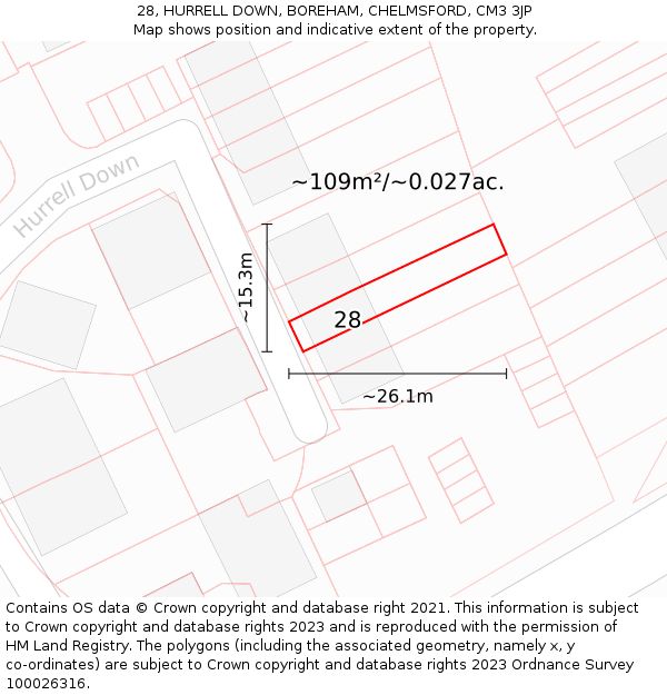 28, HURRELL DOWN, BOREHAM, CHELMSFORD, CM3 3JP: Plot and title map