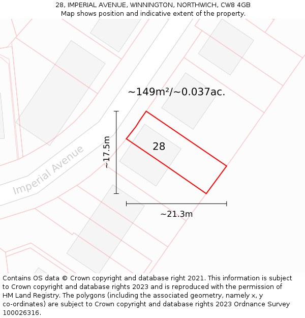 28, IMPERIAL AVENUE, WINNINGTON, NORTHWICH, CW8 4GB: Plot and title map