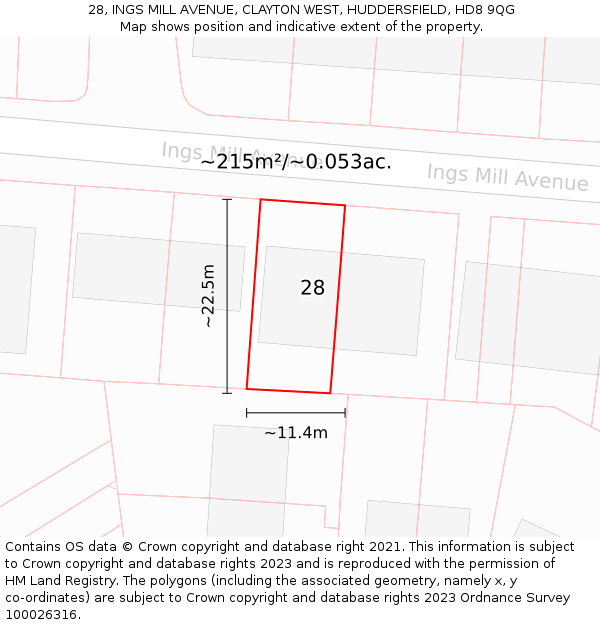 28, INGS MILL AVENUE, CLAYTON WEST, HUDDERSFIELD, HD8 9QG: Plot and title map