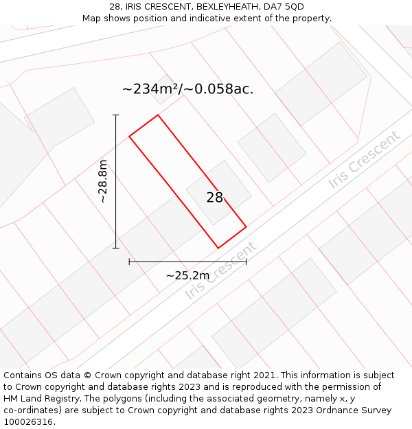 28, IRIS CRESCENT, BEXLEYHEATH, DA7 5QD: Plot and title map