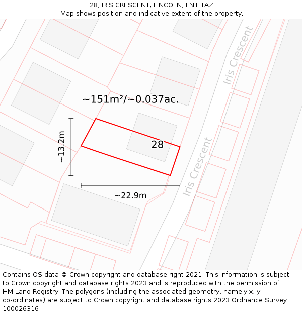 28, IRIS CRESCENT, LINCOLN, LN1 1AZ: Plot and title map