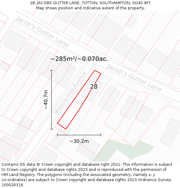 28, JACOBS GUTTER LANE, TOTTON, SOUTHAMPTON, SO40 9FT: Plot and title map