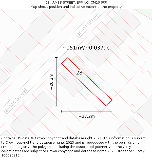 28, JAMES STREET, EPPING, CM16 6RR: Plot and title map
