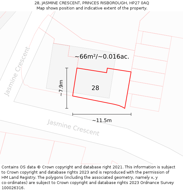 28, JASMINE CRESCENT, PRINCES RISBOROUGH, HP27 0AQ: Plot and title map