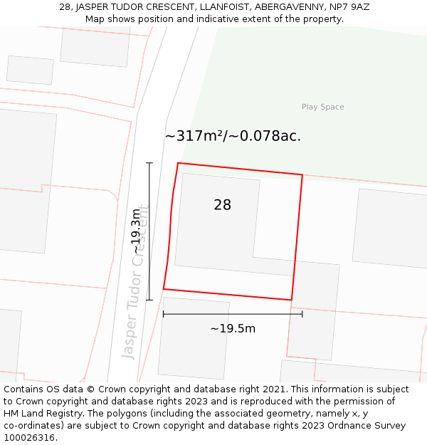 28, JASPER TUDOR CRESCENT, LLANFOIST, ABERGAVENNY, NP7 9AZ: Plot and title map