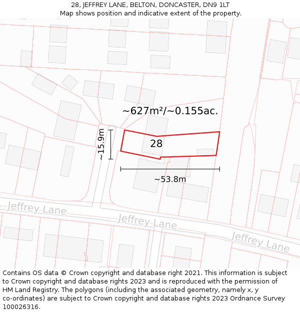 28, JEFFREY LANE, BELTON, DONCASTER, DN9 1LT: Plot and title map