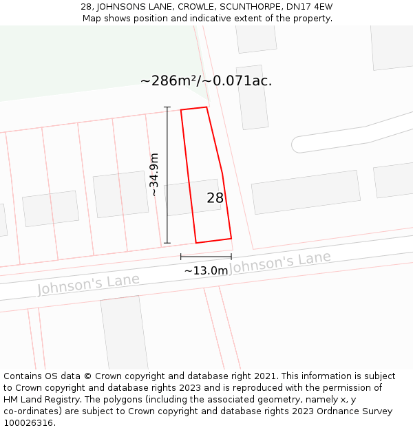28, JOHNSONS LANE, CROWLE, SCUNTHORPE, DN17 4EW: Plot and title map