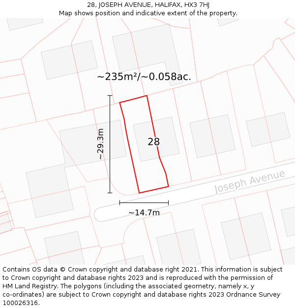 28, JOSEPH AVENUE, HALIFAX, HX3 7HJ: Plot and title map