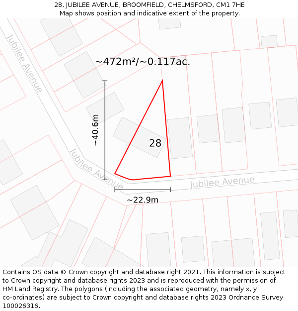 28, JUBILEE AVENUE, BROOMFIELD, CHELMSFORD, CM1 7HE: Plot and title map