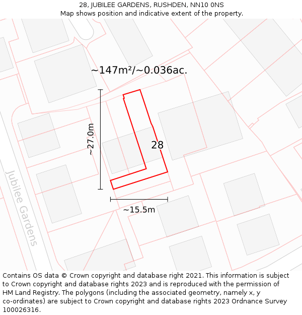 28, JUBILEE GARDENS, RUSHDEN, NN10 0NS: Plot and title map