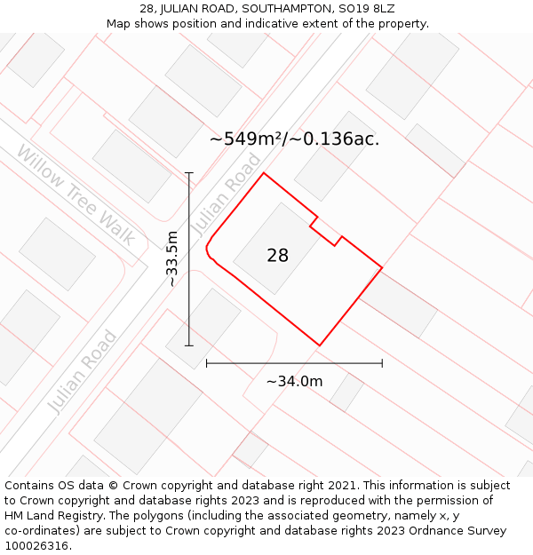 28, JULIAN ROAD, SOUTHAMPTON, SO19 8LZ: Plot and title map