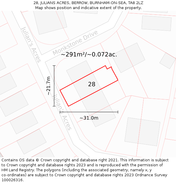 28, JULIANS ACRES, BERROW, BURNHAM-ON-SEA, TA8 2LZ: Plot and title map