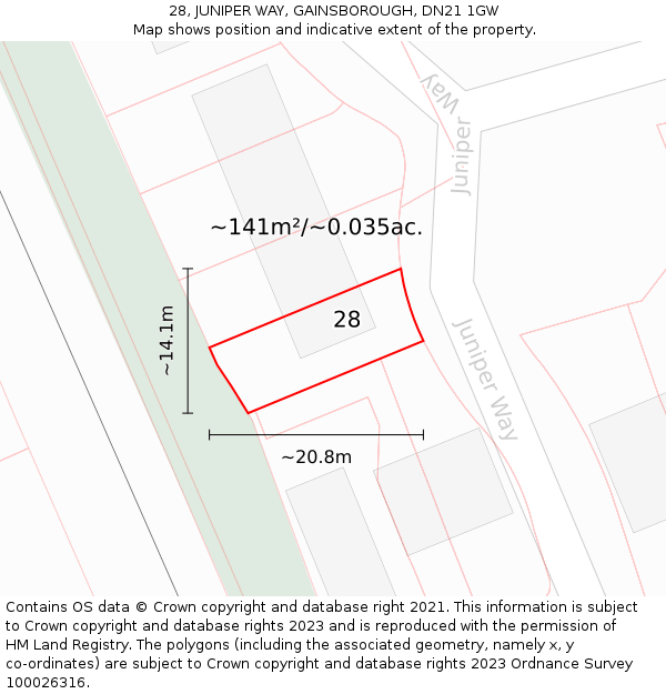 28, JUNIPER WAY, GAINSBOROUGH, DN21 1GW: Plot and title map