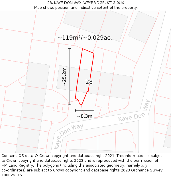 28, KAYE DON WAY, WEYBRIDGE, KT13 0UX: Plot and title map