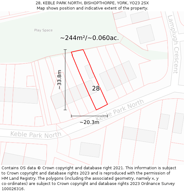 28, KEBLE PARK NORTH, BISHOPTHORPE, YORK, YO23 2SX: Plot and title map