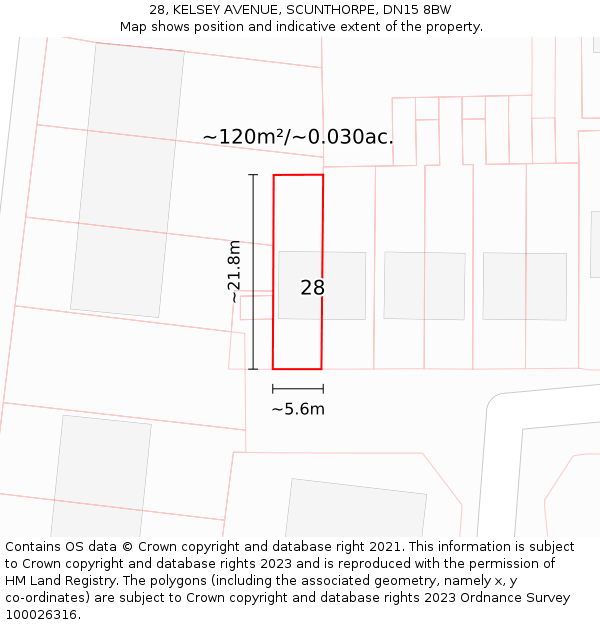 28, KELSEY AVENUE, SCUNTHORPE, DN15 8BW: Plot and title map