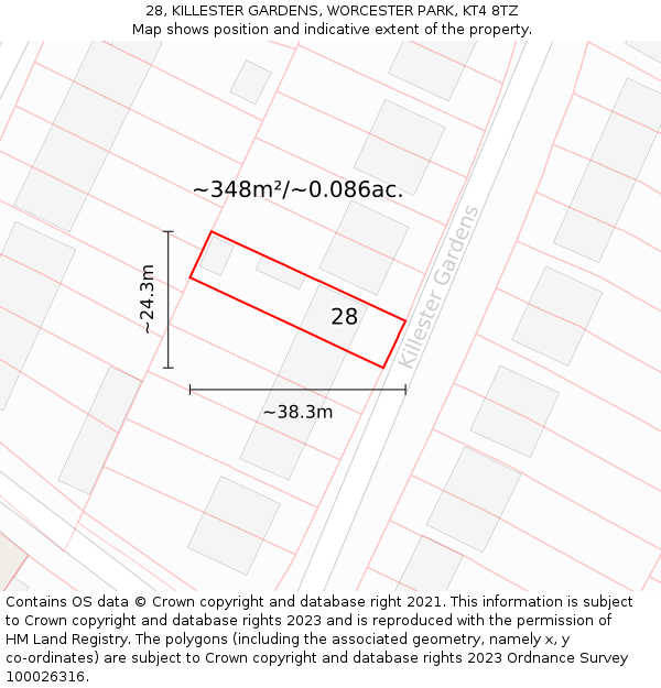 28, KILLESTER GARDENS, WORCESTER PARK, KT4 8TZ: Plot and title map