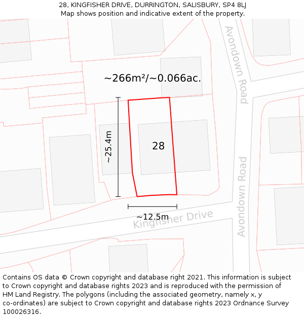 28, KINGFISHER DRIVE, DURRINGTON, SALISBURY, SP4 8LJ: Plot and title map