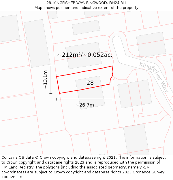 28, KINGFISHER WAY, RINGWOOD, BH24 3LL: Plot and title map