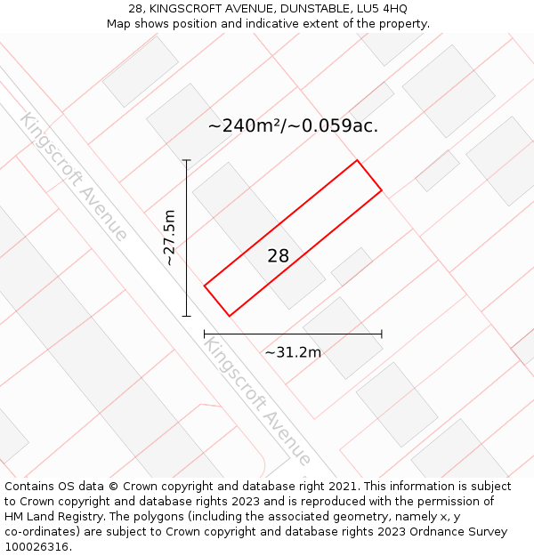 28, KINGSCROFT AVENUE, DUNSTABLE, LU5 4HQ: Plot and title map