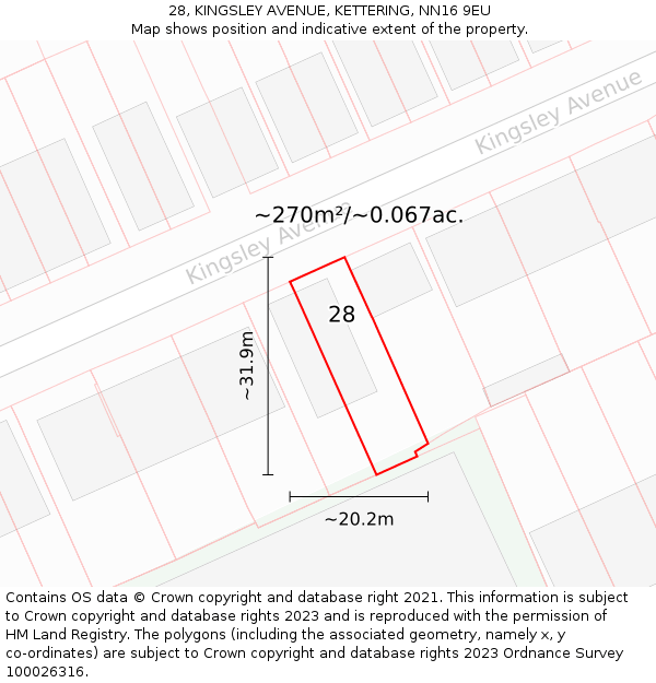 28, KINGSLEY AVENUE, KETTERING, NN16 9EU: Plot and title map