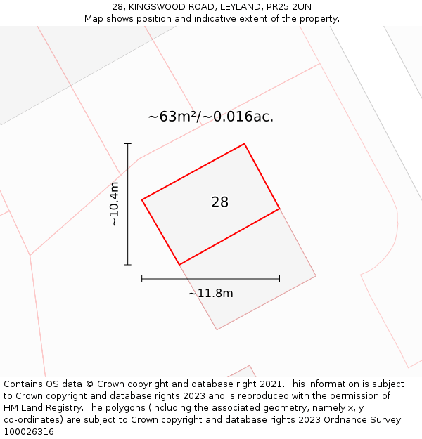 28, KINGSWOOD ROAD, LEYLAND, PR25 2UN: Plot and title map