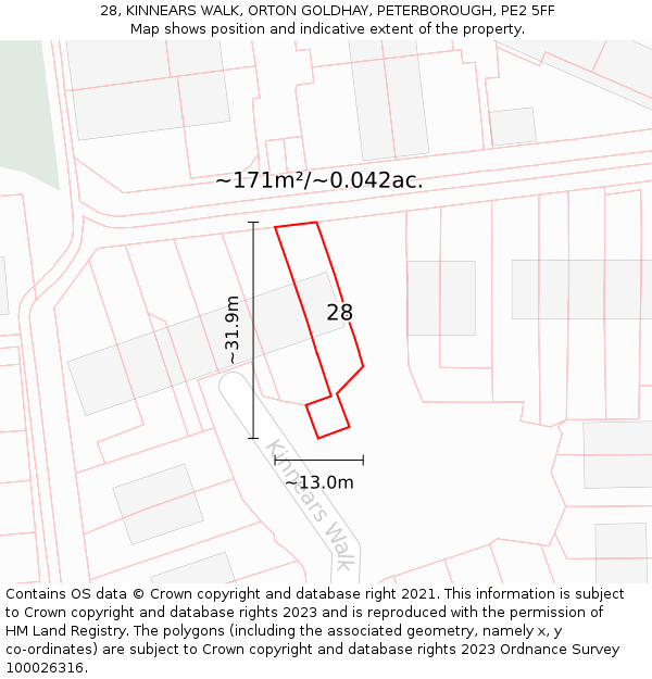 28, KINNEARS WALK, ORTON GOLDHAY, PETERBOROUGH, PE2 5FF: Plot and title map