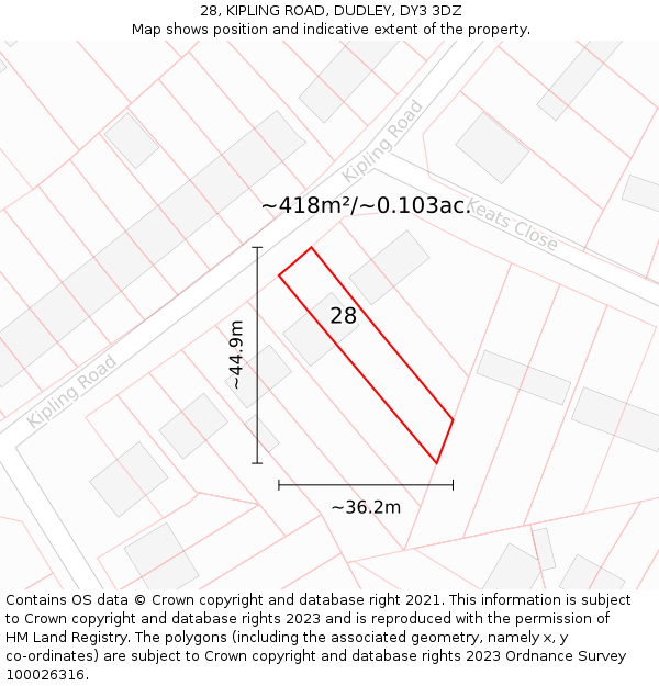 28, KIPLING ROAD, DUDLEY, DY3 3DZ: Plot and title map