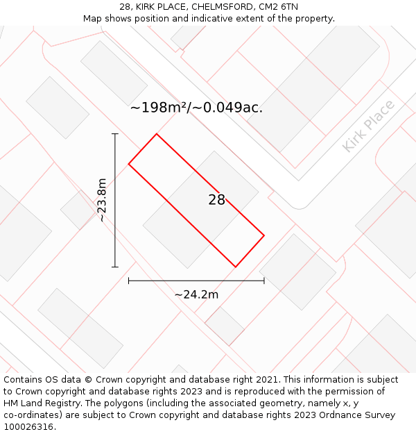 28, KIRK PLACE, CHELMSFORD, CM2 6TN: Plot and title map