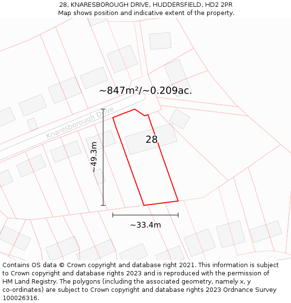 28, KNARESBOROUGH DRIVE, HUDDERSFIELD, HD2 2PR: Plot and title map
