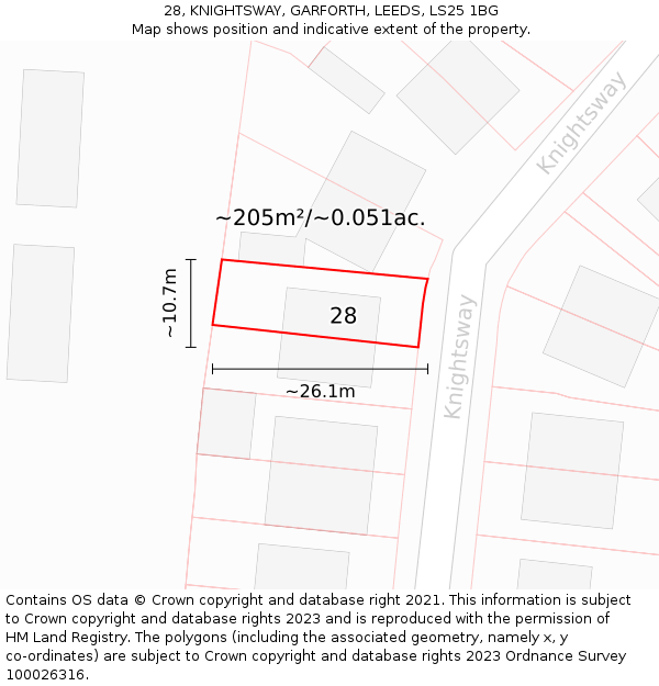 28, KNIGHTSWAY, GARFORTH, LEEDS, LS25 1BG: Plot and title map