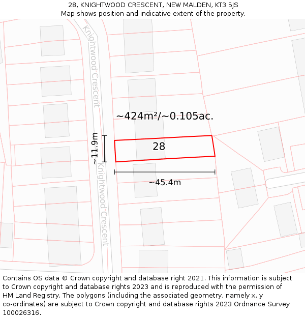 28, KNIGHTWOOD CRESCENT, NEW MALDEN, KT3 5JS: Plot and title map
