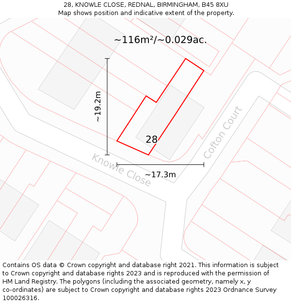 28, KNOWLE CLOSE, REDNAL, BIRMINGHAM, B45 8XU: Plot and title map