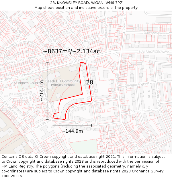 28, KNOWSLEY ROAD, WIGAN, WN6 7PZ: Plot and title map