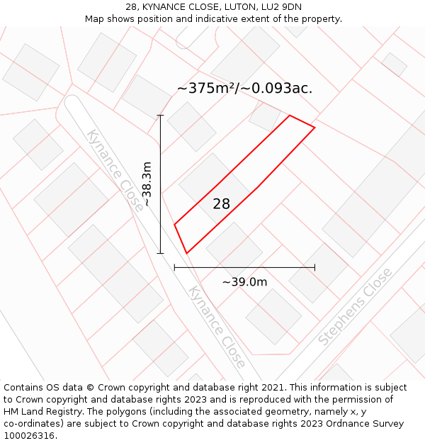 28, KYNANCE CLOSE, LUTON, LU2 9DN: Plot and title map