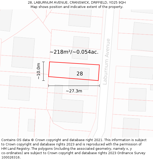 28, LABURNUM AVENUE, CRANSWICK, DRIFFIELD, YO25 9QH: Plot and title map