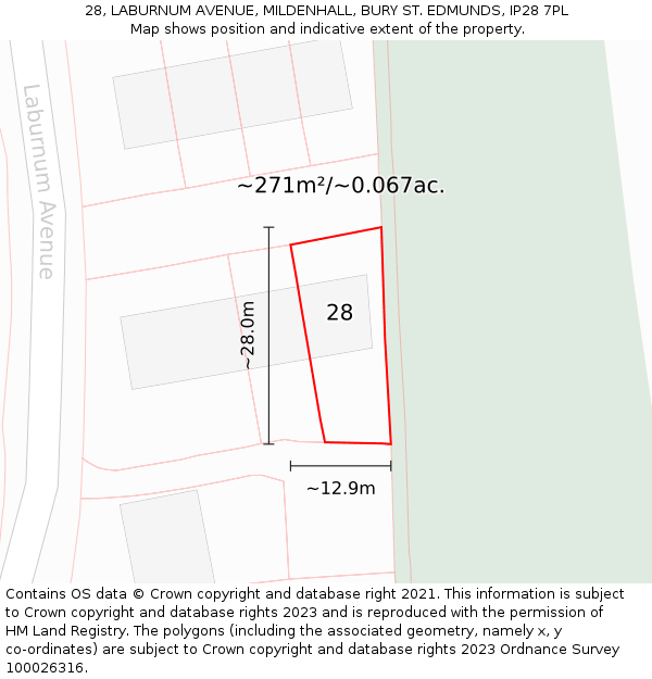 28, LABURNUM AVENUE, MILDENHALL, BURY ST. EDMUNDS, IP28 7PL: Plot and title map