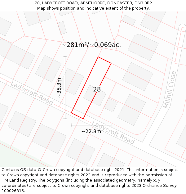 28, LADYCROFT ROAD, ARMTHORPE, DONCASTER, DN3 3RP: Plot and title map