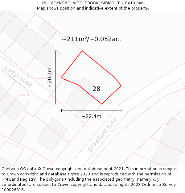 28, LADYMEAD, WOOLBROOK, SIDMOUTH, EX10 9XN: Plot and title map