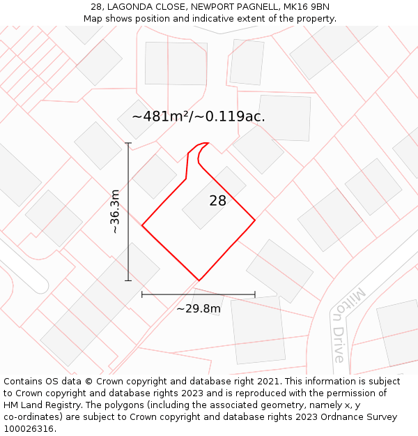 28, LAGONDA CLOSE, NEWPORT PAGNELL, MK16 9BN: Plot and title map