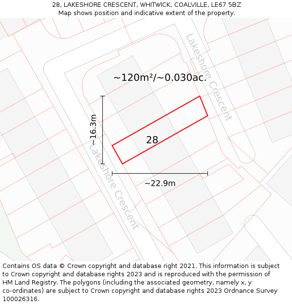 28, LAKESHORE CRESCENT, WHITWICK, COALVILLE, LE67 5BZ: Plot and title map