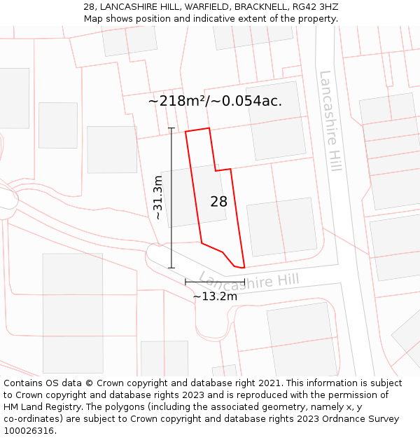 28, LANCASHIRE HILL, WARFIELD, BRACKNELL, RG42 3HZ: Plot and title map